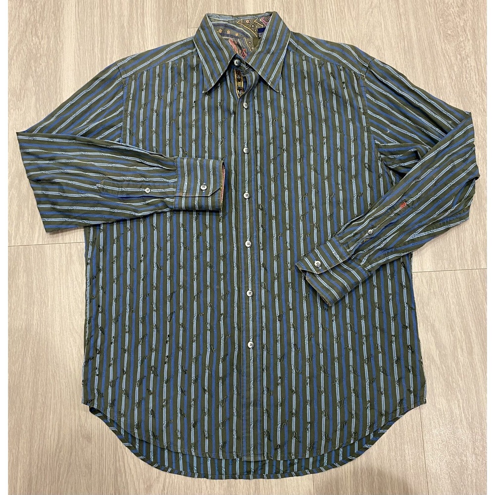 Robert Graham Shirt Medium Retro Flip Cuff Striped Green Blue Colorful Men *Flaw